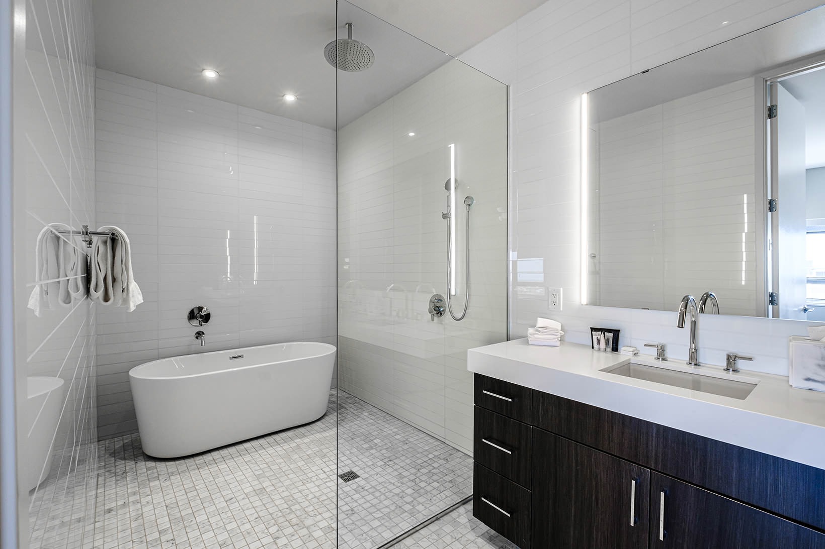 Bathroom double sink vanity counter in bright bathroom